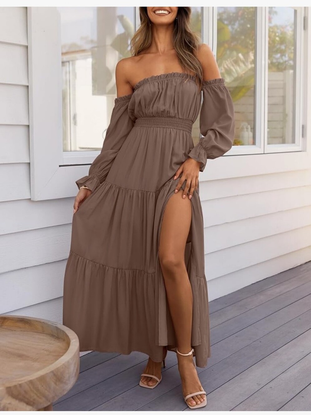 Off-Shoulder Tiered Maxi Dress in Taupe